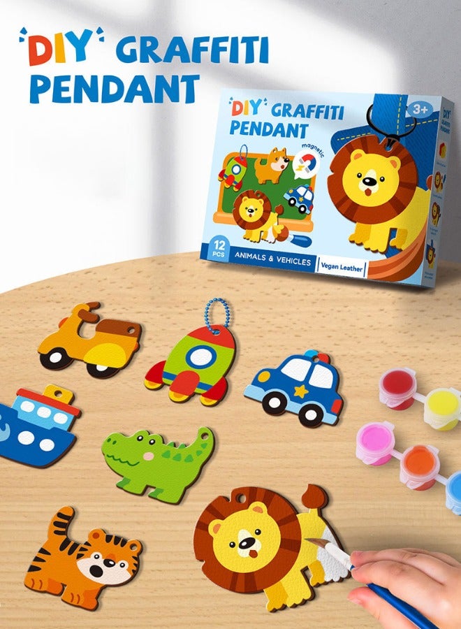 Premium DIY Leather Graffiti Fridge Magnet Toys Set - Creative Animal & Vehicle Designs, Educational Craft Kit for Kids, Multi-Functional Home & School Decor (12 Pendants, 12 Colors Paint, Magnetic Stickers)  - Image 2