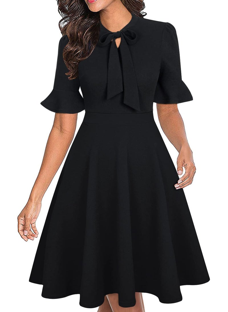 RANPHEE Black Dresses for Women Funeral Outfit Vintage A Line Professional Simple Classy Dressy Knee Length Wedding Guest Church Fancy Dinner Cocktail Dress L - Image 1