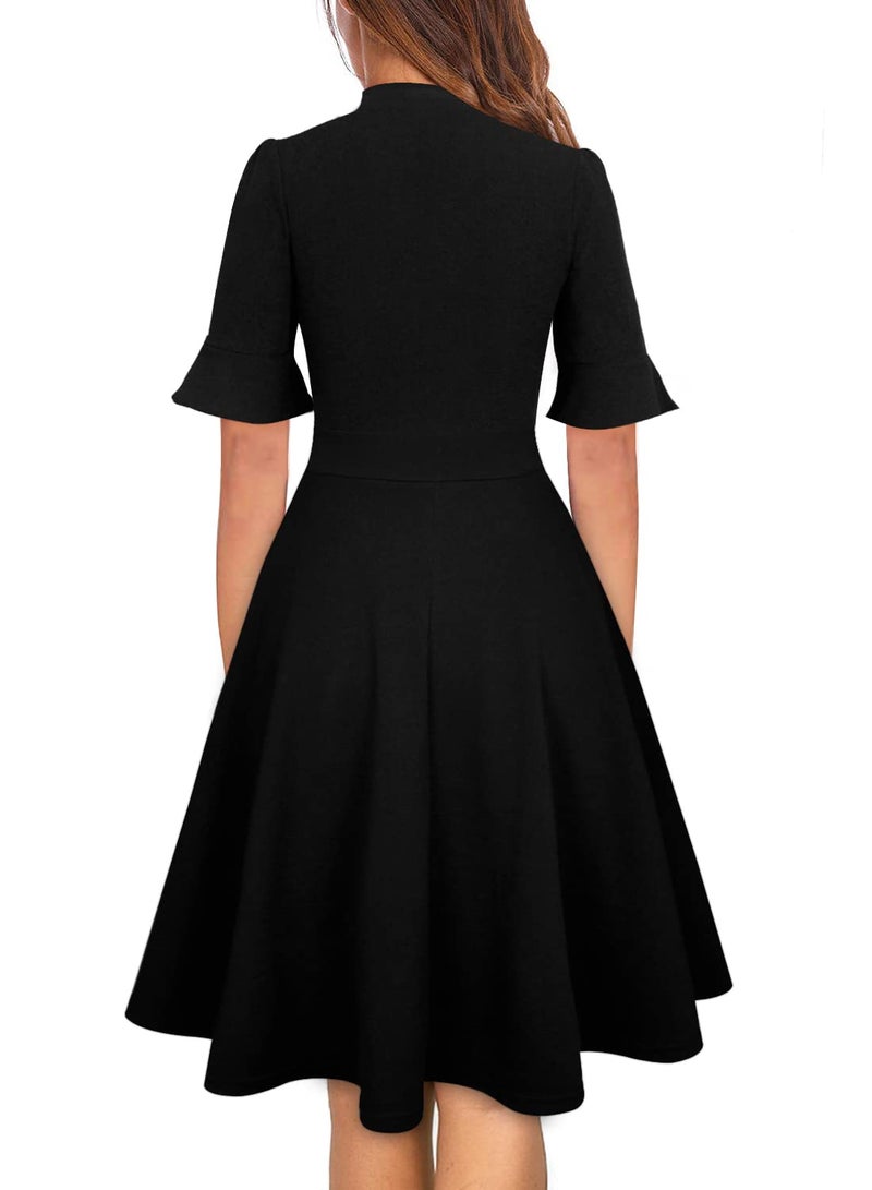 RANPHEE Black Dresses for Women Funeral Outfit Vintage A Line Professional Simple Classy Dressy Knee Length Wedding Guest Church Fancy Dinner Cocktail Dress L - Image 2