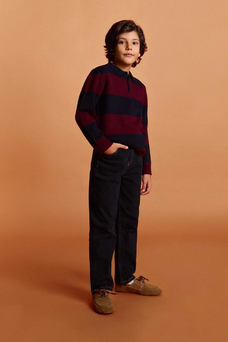 ديفاكتو Boy Polo Neck Color Block Knit Pullover