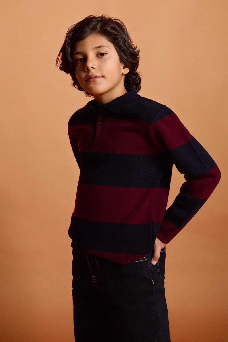 ديفاكتو Boy Polo Neck Color Block Knit Pullover