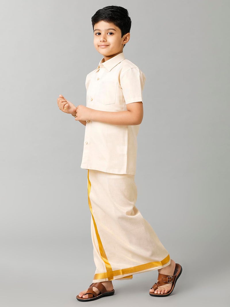 RAMRAJ COTTON رامراج بويز تِشيو جاري هاف سليف شيرت دهوتي سيت سانكالبام جولد(13-14 سنة) - Image 3