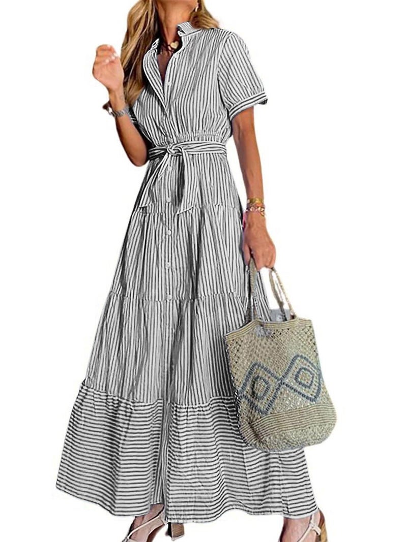 utcoco Womens Casual Short Sleeve Button Down Tie Waist Ruffled Striped Maxi Shirt Dress (X-Small, Black) - Image 1