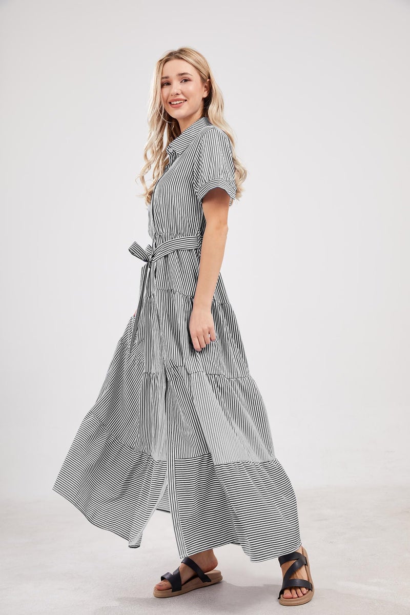 utcoco Womens Casual Short Sleeve Button Down Tie Waist Ruffled Striped Maxi Shirt Dress (X-Small, Black) - Image 4
