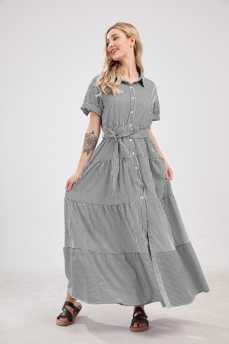 utcoco Womens Casual Short Sleeve Button Down Tie Waist Ruffled Striped Maxi Shirt Dress (X-Small, Black) - Image 3