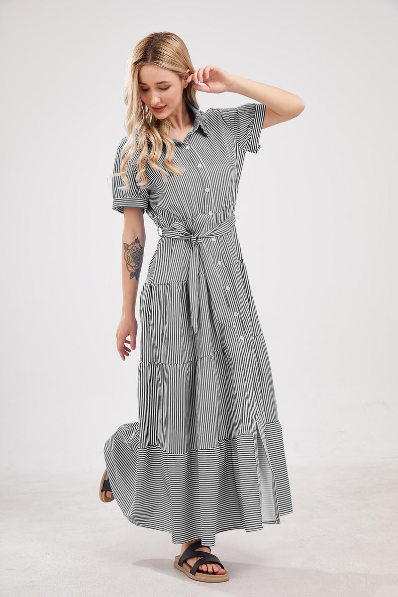 utcoco Womens Casual Short Sleeve Button Down Tie Waist Ruffled Striped Maxi Shirt Dress (X-Small, Black) - Image 5
