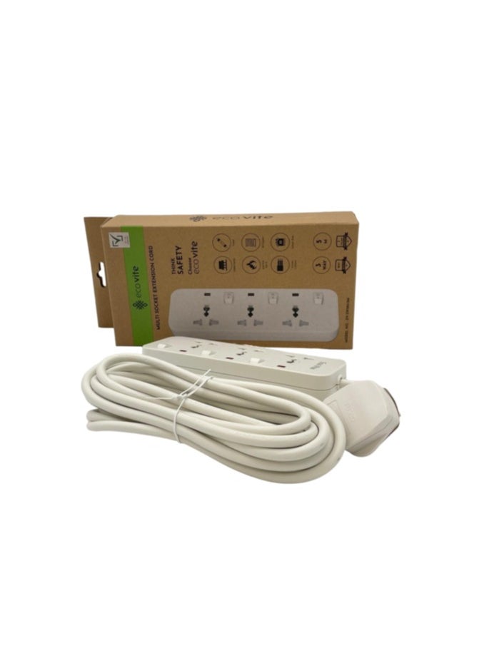eco vite EcoVite 3-Way Extension Cord with Individual Switches – 3 Universal Sockets | 5-Meter Heavy Duty Cable | Multi Plug Power Strip | ECAS Approved | Flame-Retardant Body | Ideal for Home and Office Use  - Image 1