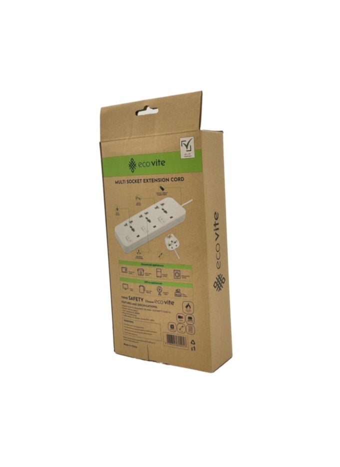 eco vite EcoVite 3-Way Extension Cord with Individual Switches – 3 Universal Sockets | 5-Meter Heavy Duty Cable | Multi Plug Power Strip | ECAS Approved | Flame-Retardant Body | Ideal for Home and Office Use  - Image 2