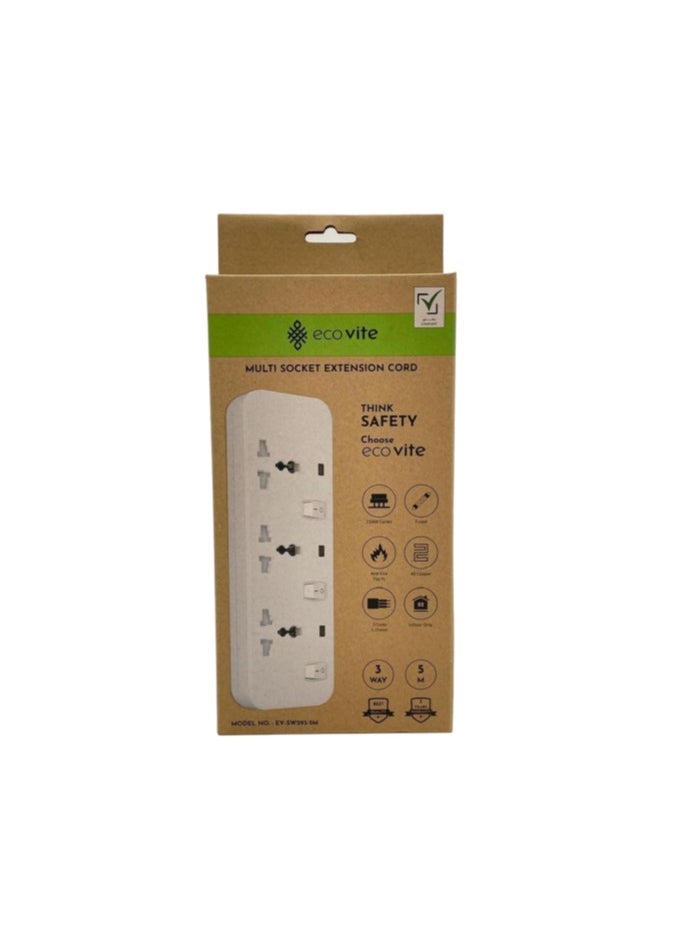 eco vite EcoVite 3-Way Extension Cord with Individual Switches – 3 Universal Sockets | 5-Meter Heavy Duty Cable | Multi Plug Power Strip | ECAS Approved | Flame-Retardant Body | Ideal for Home and Office Use  - Image 3