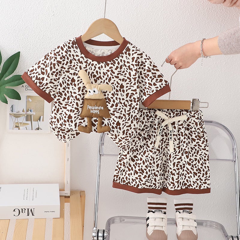 Short Sleeve Suit Children'S Clothing 1-5 Years Old Summer Boys And Girls Leopard Print Casual T-Shirt Two-Piece Fashion - Image 4