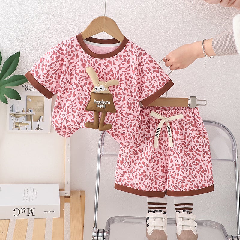 Short Sleeve Suit Children'S Clothing 1-5 Years Old Summer Boys And Girls Leopard Print Casual T-Shirt Two-Piece Fashion - Image 3