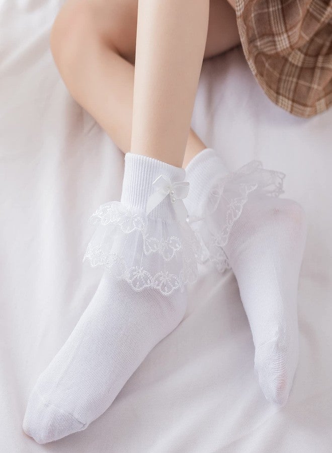 Looching 6 Pairs Toddler Baby Girls Ruffle Lace Trims Socks Princess Dress Bowknot Cotton White Ankle Soft Frily Socks Kids 6-8Years - Image 5