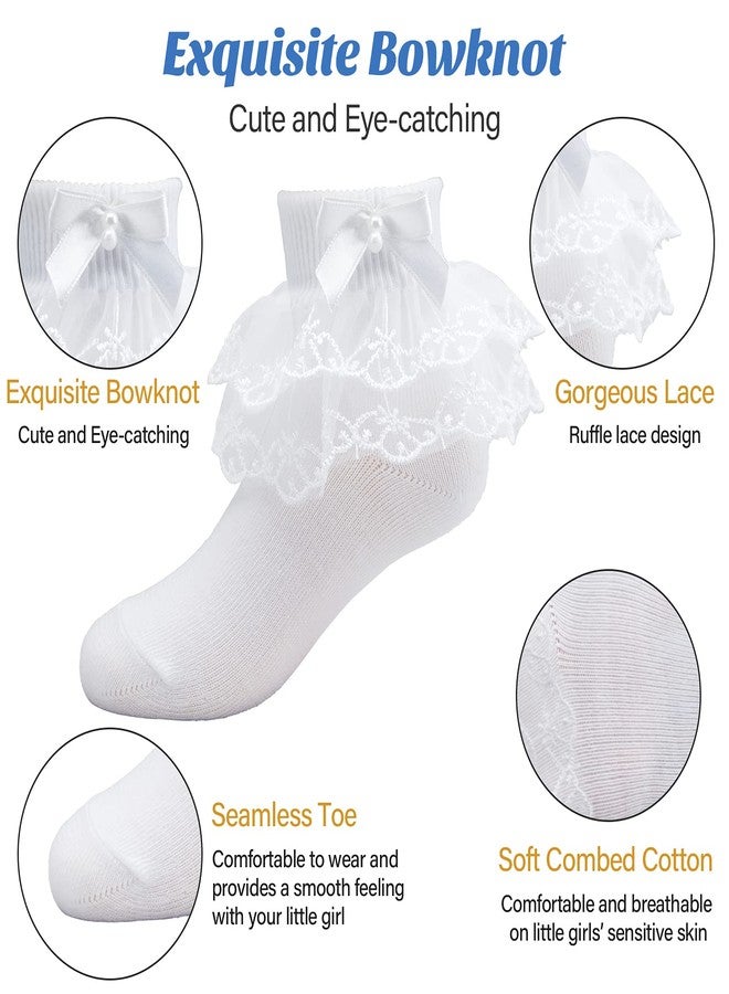 Looching 6 Pairs Toddler Baby Girls Ruffle Lace Trims Socks Princess Dress Bowknot Cotton White Ankle Soft Frily Socks Kids 6-8Years - Image 2