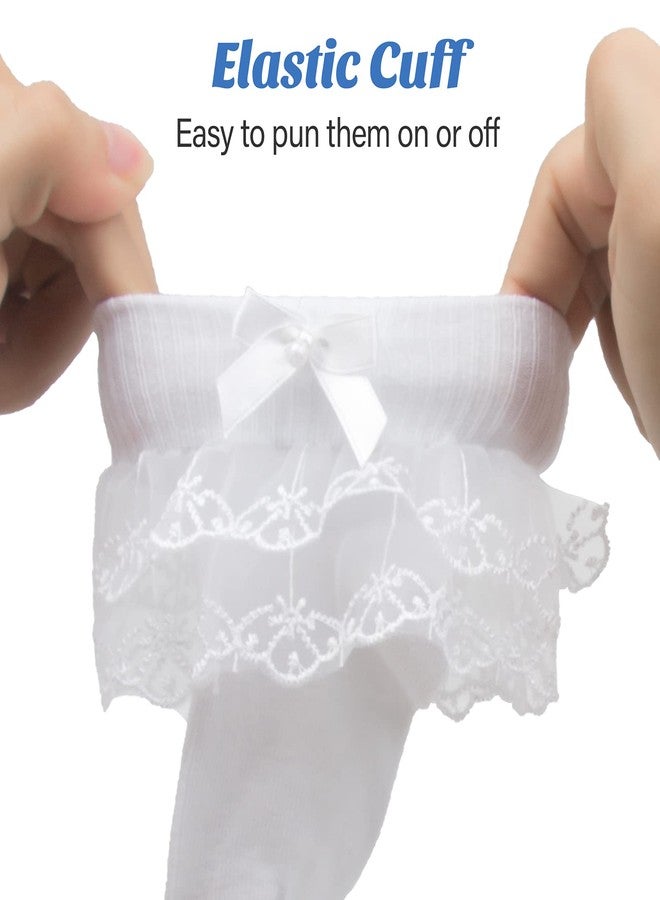 Looching 6 Pairs Toddler Baby Girls Ruffle Lace Trims Socks Princess Dress Bowknot Cotton White Ankle Soft Frily Socks Kids 6-8Years - Image 4