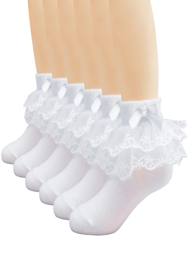 Looching 6 Pairs Toddler Baby Girls Ruffle Lace Trims Socks Princess Dress Bowknot Cotton White Ankle Soft Frily Socks Kids 6-8Years - Image 1