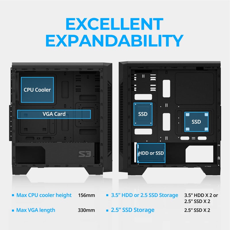 Zalman - S3 - ATX Mid-Tower PC Case - Full Acrylic Side Panel - 3x Case Fan 120mm Pre-Installed, Black - Image 5
