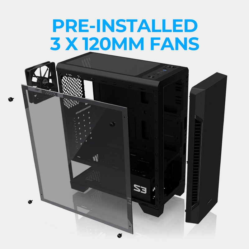 Zalman - S3 - ATX Mid-Tower PC Case - Full Acrylic Side Panel - 3x Case Fan 120mm Pre-Installed, Black - Image 3