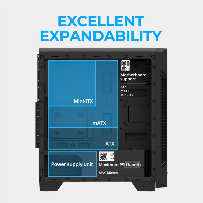 Zalman - S3 - ATX Mid-Tower PC Case - Full Acrylic Side Panel - 3x Case Fan 120mm Pre-Installed, Black - Image 4
