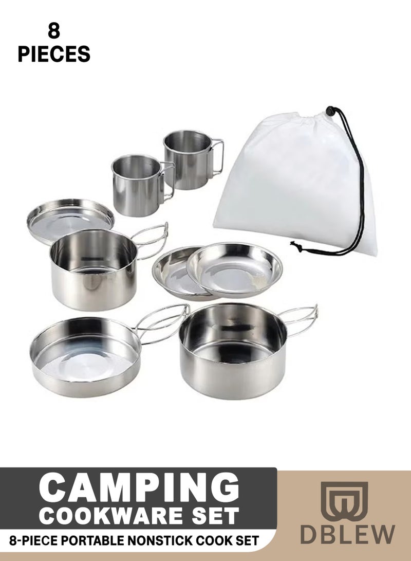 دي بلو طقم أواني طهي من الفولاذ المقاوم للصدأ مكون من 8 قطع – أواني ومقالي وأطباق غير لاصقة محمولة للطبخ في الهواء الطلق والتخييم والسفر - Image 1