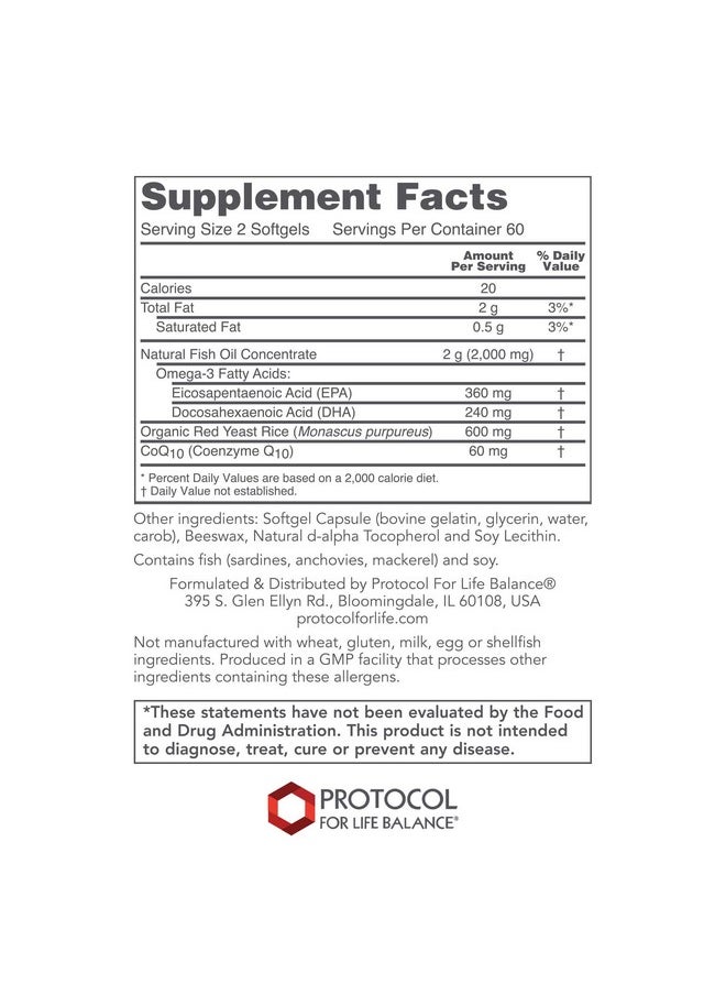 Protocol For Life Balance Protocol Cardio Triplex Red Yeast Rice Coq10 Omega3 Fish Oil Heart Brain 120 Softgels  - Image 3