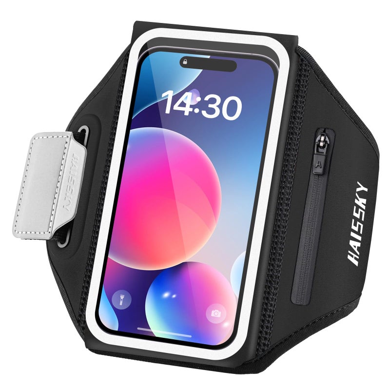 HAISSKY Running Armband with Earphone Bag Cell Phone Armband for iPhone 16 15 Pro 14 Plus 13 11 XR XS, Galaxy S24/S10 Water Resistant Sports Phone Holder Case & Zipper Slot Car Key Holder for 6.9 inch Phone - Image 1