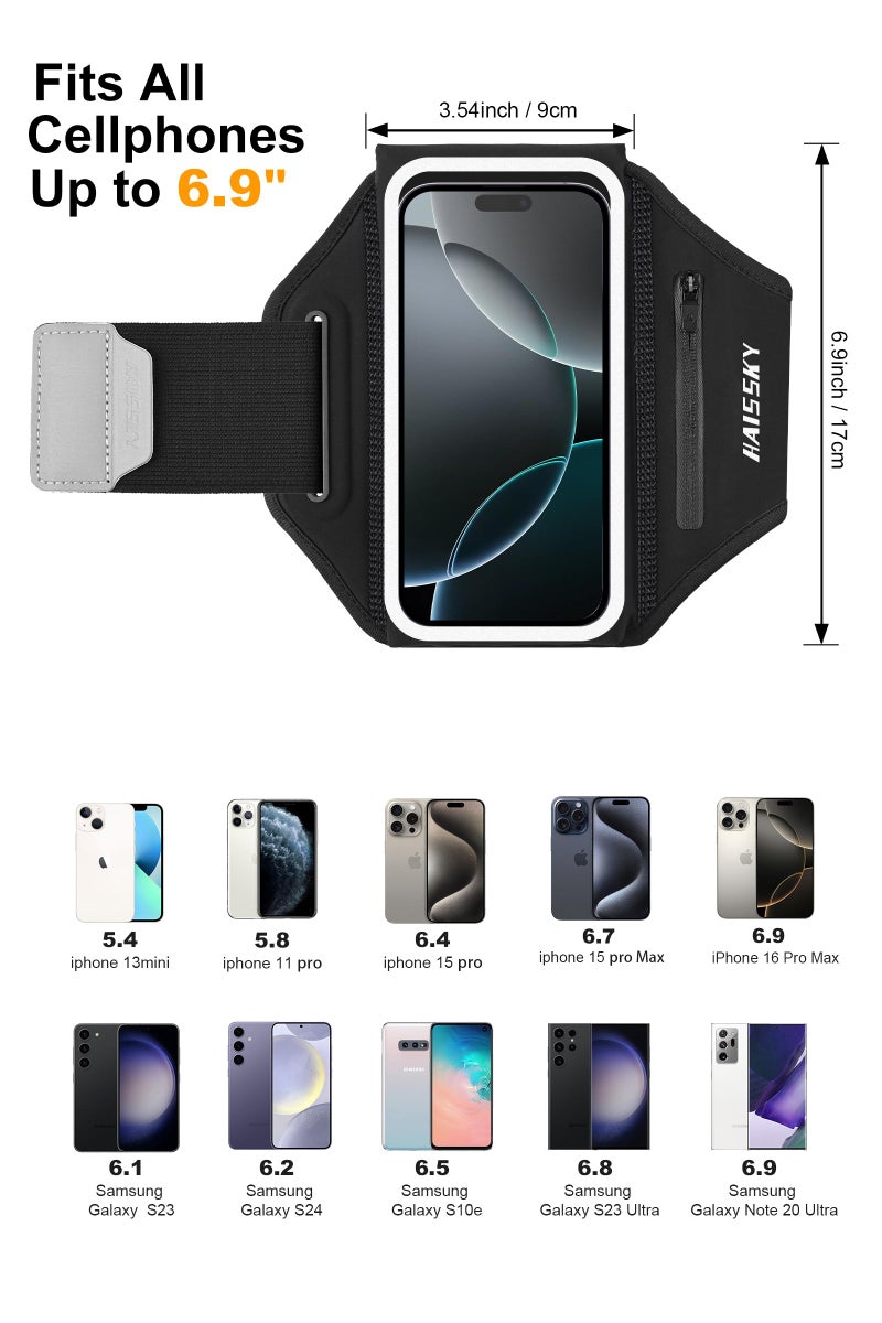 HAISSKY Running Armband with Earphone Bag Cell Phone Armband for iPhone 16 15 Pro 14 Plus 13 11 XR XS, Galaxy S24/S10 Water Resistant Sports Phone Holder Case & Zipper Slot Car Key Holder for 6.9 inch Phone - Image 3