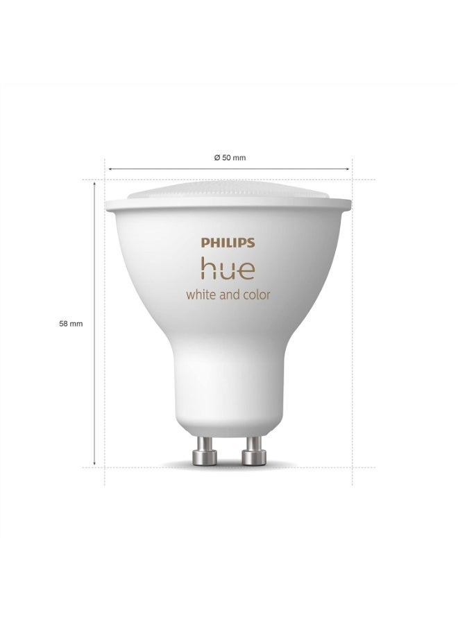 فيليبس هوي لمبات Philips hue الذكية GU10 – عبوة من 3 لمبات ذكية بقدرة 4.3 واط، بإضاءة White & Color Ambiance، تدعم البلوتوث والتحكم الصوتي عبر Amazon Alexa وGoogle Assistant وApple HomeKit، مع 16 مليون لون وإمكانية تعديل السطوع. توفر إضاءة بيضاء دافئة إلى باردة بالإضافة إلى ألوان متعددة لخلق أجواء مختلفة في المنزل. - Image 2