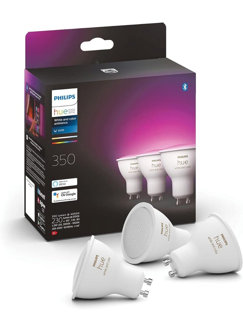 فيليبس هوي لمبات Philips hue الذكية GU10 – عبوة من 3 لمبات ذكية بقدرة 4.3 واط، بإضاءة White & Color Ambiance، تدعم البلوتوث والتحكم الصوتي عبر Amazon Alexa وGoogle Assistant وApple HomeKit، مع 16 مليون لون وإمكانية تعديل السطوع. توفر إضاءة بيضاء دافئة إلى باردة بالإضافة إلى ألوان متعددة لخلق أجواء مختلفة في المنزل. - Image 1