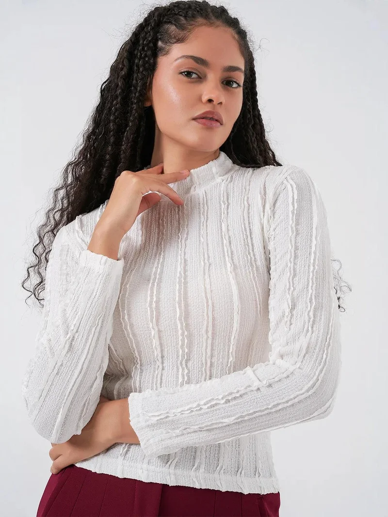 Big Dart White BDART Textured Slim Fit Half Turtleneck Blouse for Women | Best Price UAE