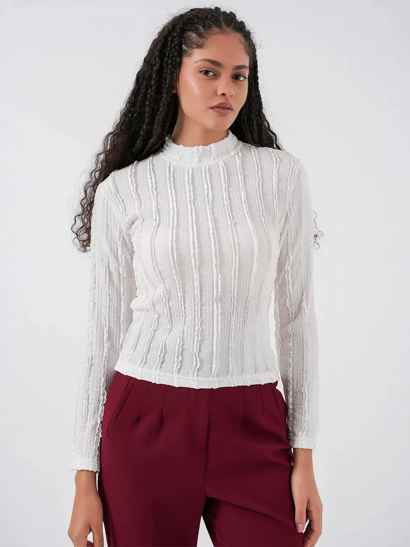 Big Dart White BDART Textured Slim Fit Half Turtleneck Blouse for Women | Best Price UAE