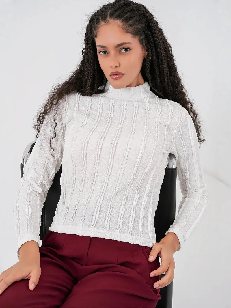 Big Dart White BDART Textured Slim Fit Half Turtleneck Blouse for Women | Best Price UAE