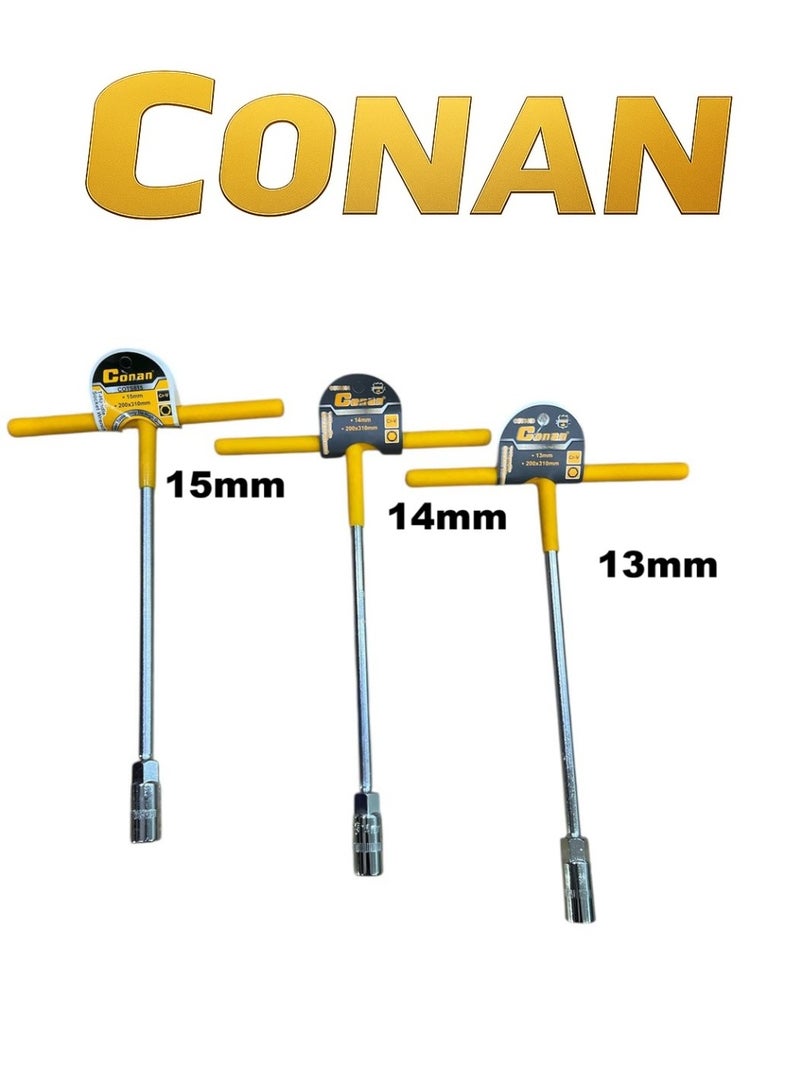 Conan 3 Pcs CONAN T-Handle Socket Wrench Set – Sizes 13mm, 14mm, 15mm – Heavy-Duty Chrome Vanadium Steel Cr-V – Ergonomic Non-Slip Handle Design – Professional Grade for Workshop & Maintenance - Image 1
