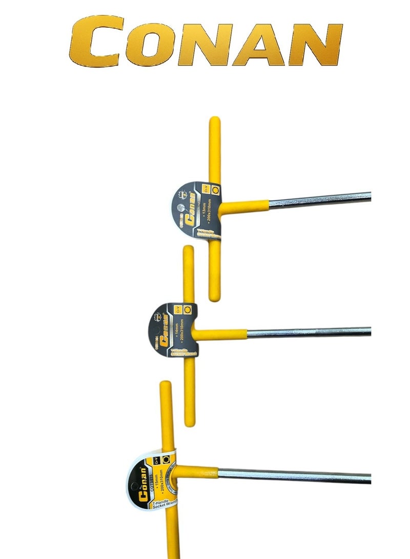 Conan 3 Pcs CONAN T-Handle Socket Wrench Set – Sizes 13mm, 14mm, 15mm – Heavy-Duty Chrome Vanadium Steel Cr-V – Ergonomic Non-Slip Handle Design – Professional Grade for Workshop & Maintenance - Image 2