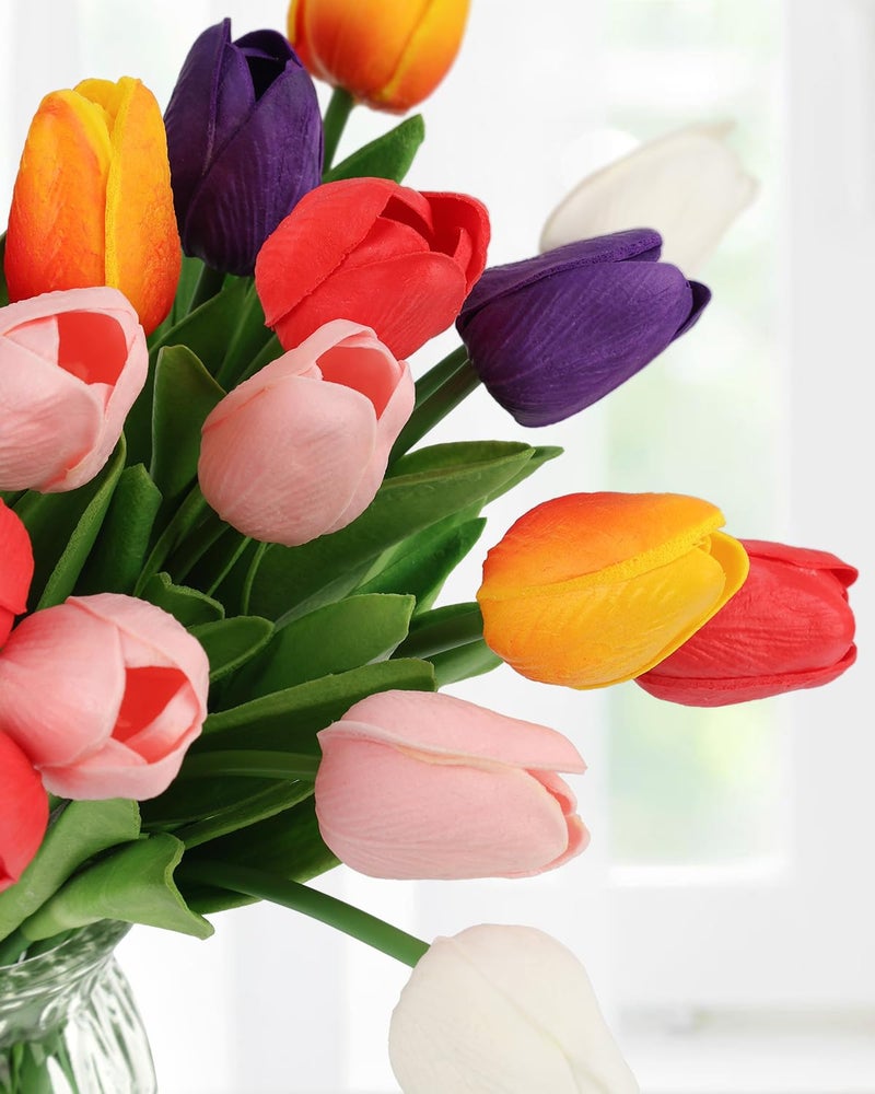 MACTING 30PCS Artificial Tulip Flowers 13.7" Fake Flowers Real Touch Faux PU Tulips Bouquet for Floral Arrangement Table Centerpieces Home Indoor Mothers Day Spring Easter Decor(Multi Colors-2) - Image 3