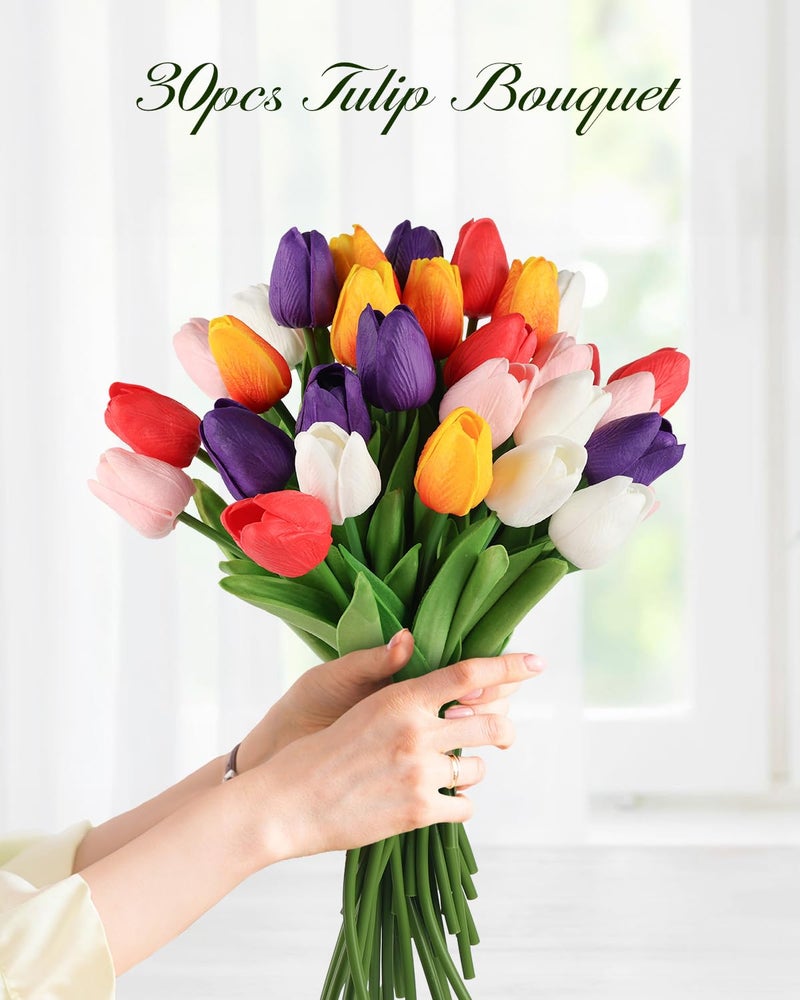 MACTING 30PCS Artificial Tulip Flowers 13.7" Fake Flowers Real Touch Faux PU Tulips Bouquet for Floral Arrangement Table Centerpieces Home Indoor Mothers Day Spring Easter Decor(Multi Colors-2) - Image 5