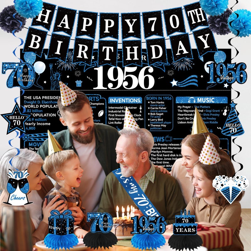 Uiorgui 70th Birthday Decorations for Men, 19pcs Black Blue Vintage 1956 Happy 70th Birthday Banner Backdrop Balloons Sash Hanging Swirls Table Centerpieces Paper Pompoms, 70 Years Old Party Supplies Kit - Image 5