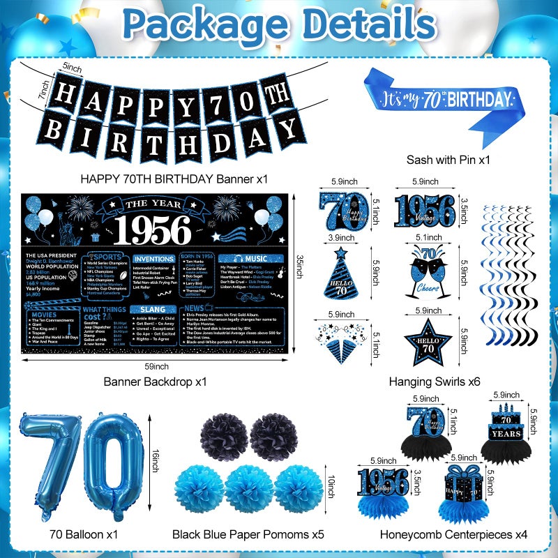 Uiorgui 70th Birthday Decorations for Men, 19pcs Black Blue Vintage 1956 Happy 70th Birthday Banner Backdrop Balloons Sash Hanging Swirls Table Centerpieces Paper Pompoms, 70 Years Old Party Supplies Kit - Image 2