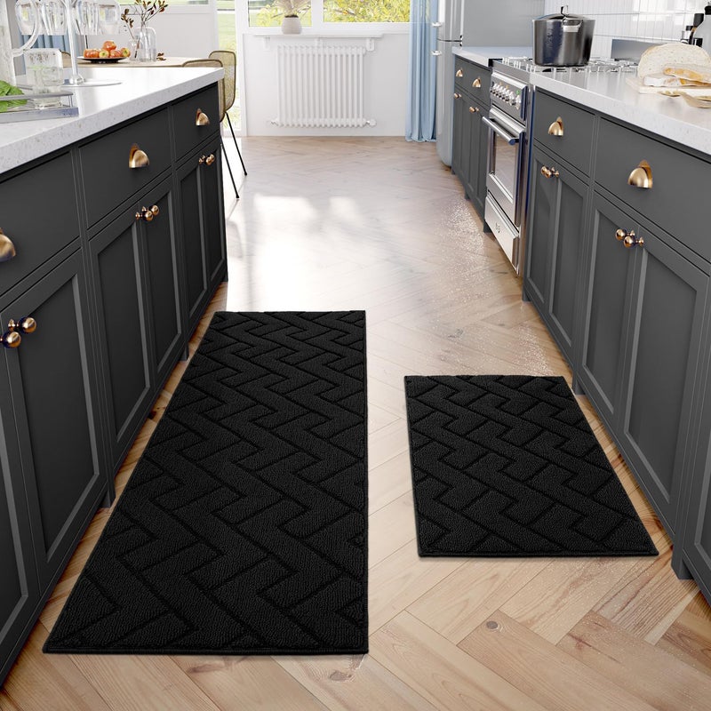 hicorfe Kitchen Runner Rug and Mats Sets2 Pieces Super Absorbent Polypropylene NonSlip RugSoft Comfort Floor MatWashable for KitchenHallwayOfficeSinkLaundry20 x 315 Plus 20 x 59Black