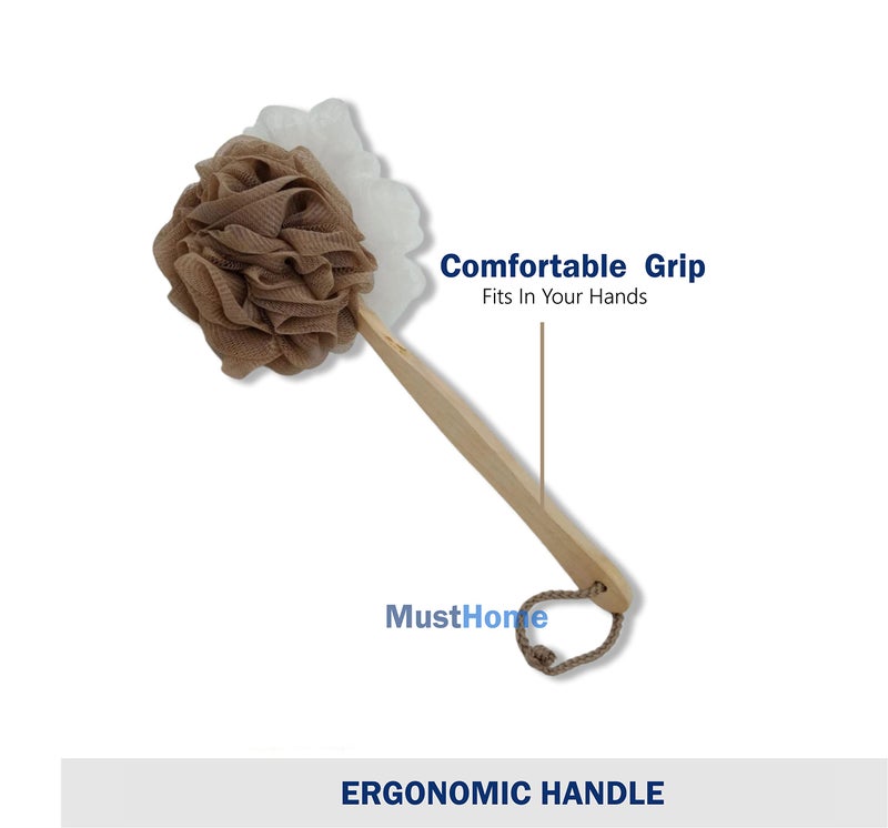 MustHome Back Bathing Loofah With Wooden Handle for Men and Women | Loofah For Back Bathing with handle |Back Bathing Loofah Brush | Back Scrubber for Bathing (Dual Colour Mesh With Wooden Handle) - Image 4