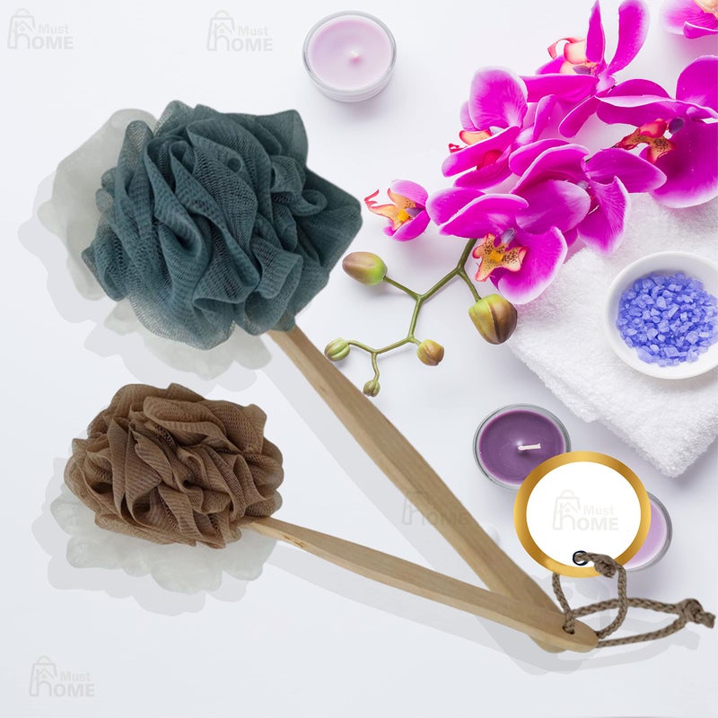 MustHome Back Bathing Loofah With Wooden Handle for Men and Women | Loofah For Back Bathing with handle |Back Bathing Loofah Brush | Back Scrubber for Bathing (Dual Colour Mesh With Wooden Handle) - Image 1