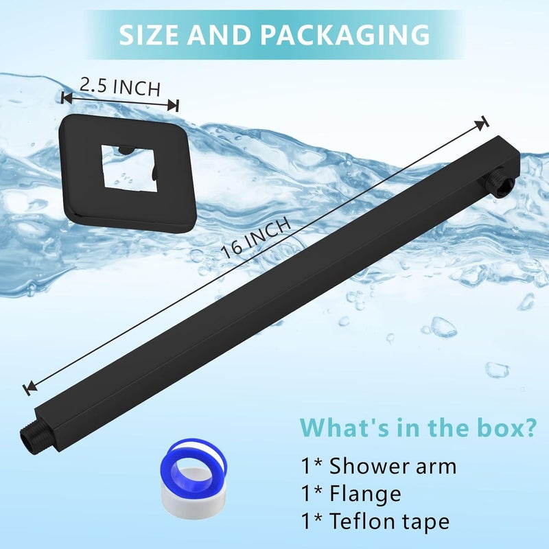 Nuodan Shower Arm with Flange, 16 Inches Wall Mount Square Straight Extension Arm, Replacement of Fixed Rain Shower Head Pipe, Matte Black - Image 2