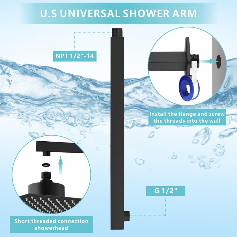 Nuodan Shower Arm with Flange, 16 Inches Wall Mount Square Straight Extension Arm, Replacement of Fixed Rain Shower Head Pipe, Matte Black - Image 4