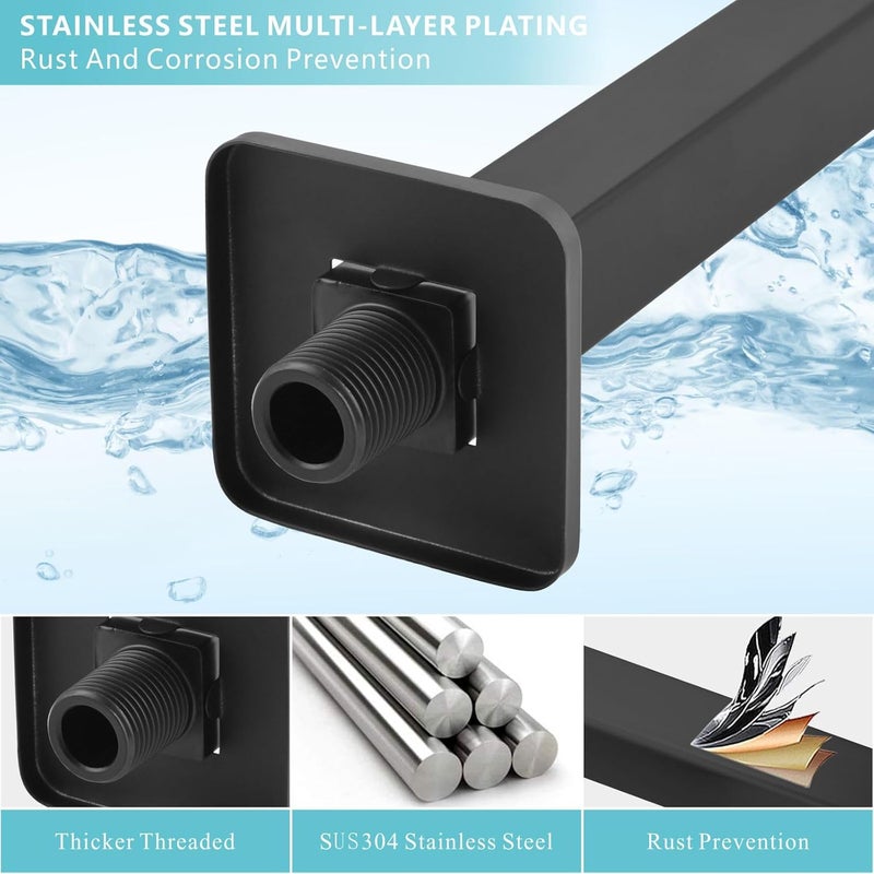 Nuodan Shower Arm with Flange, 16 Inches Wall Mount Square Straight Extension Arm, Replacement of Fixed Rain Shower Head Pipe, Matte Black - Image 3