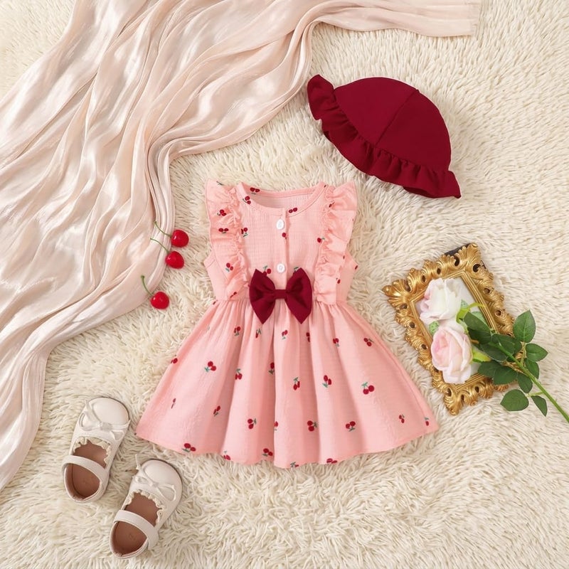 Baby Girls Cherry Print Dress with Ruffle Sleeves, Bow Detail, and Matching Hat - Image 1