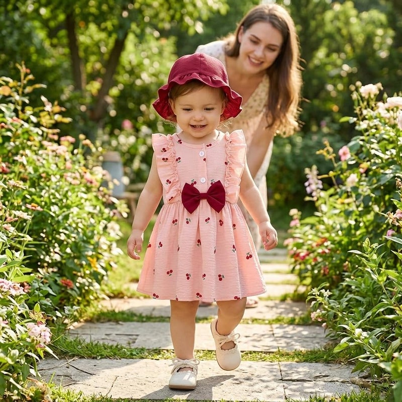 Baby Girls Cherry Print Dress with Ruffle Sleeves, Bow Detail, and Matching Hat - Image 3