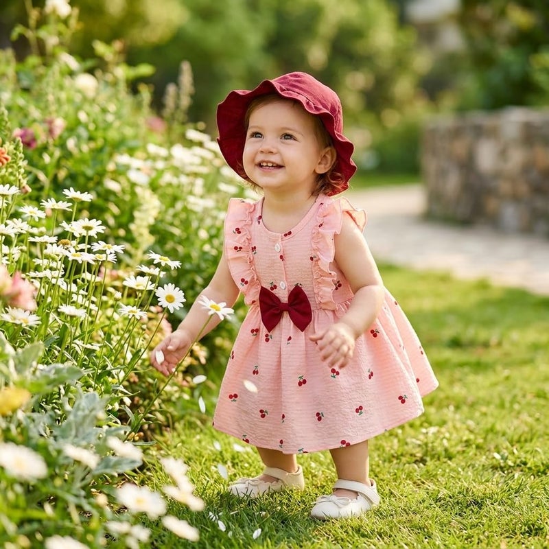 Baby Girls Cherry Print Dress with Ruffle Sleeves, Bow Detail, and Matching Hat - Image 2