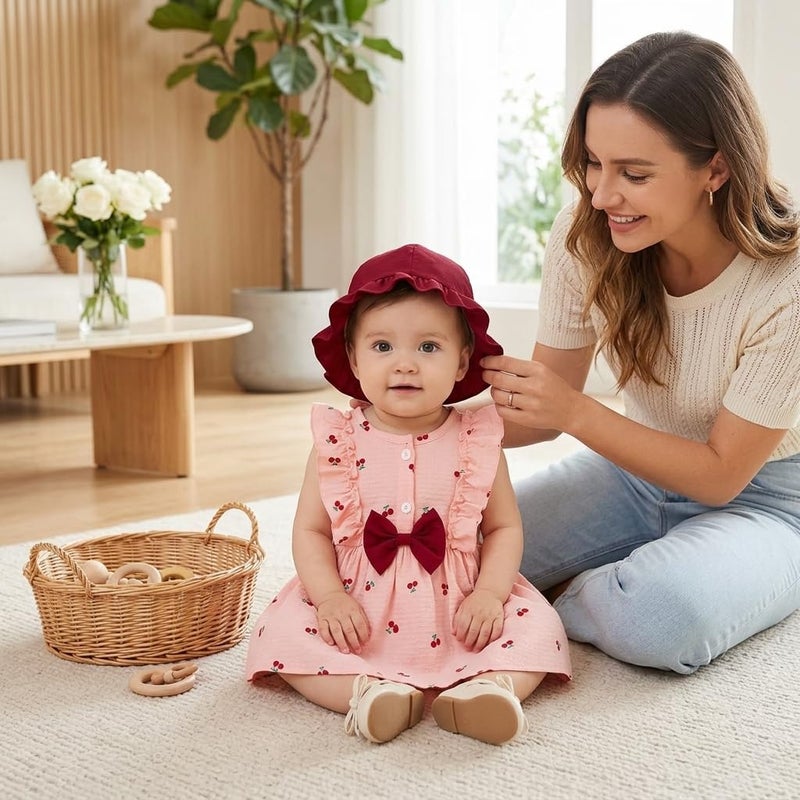 Baby Girls Cherry Print Dress with Ruffle Sleeves, Bow Detail, and Matching Hat - Image 5