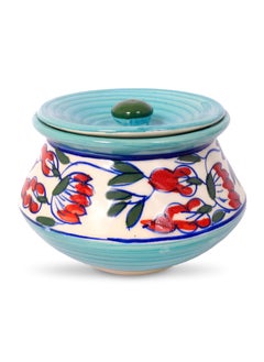 Kala Kriti KALAKRITI Handpainted Handcrafted 450 ML Ceramic Red Flower with Black Leafs Blue Handi Dahi Handi Serving Handi Biryani Handi Pack of 1  - Image 3