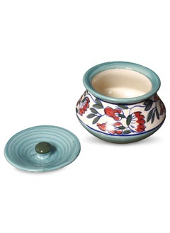 Kala Kriti KALAKRITI Handpainted Handcrafted 450 ML Ceramic Red Flower with Black Leafs Blue Handi Dahi Handi Serving Handi Biryani Handi Pack of 1  - Image 2
