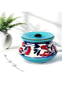 Kala Kriti KALAKRITI Handpainted Handcrafted 450 ML Ceramic Red Flower with Black Leafs Blue Handi Dahi Handi Serving Handi Biryani Handi Pack of 1  - Image 1